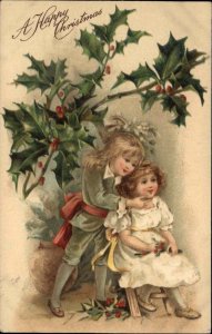 Christmas Little Girl and Boy Victorian Clothing c1910 Vintage Postcard