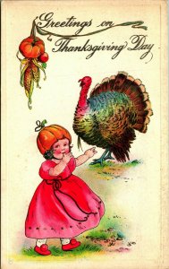 Greetings On Thanksgiving Day Girl in Pumpkin Hat Turkey Unused 1910s Postcard