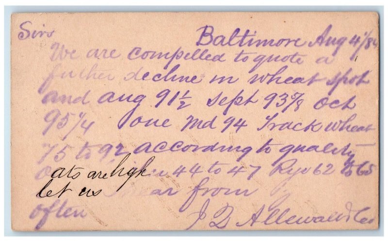 1884 Letter Greetings Baltimore Maryland MD Antique Posted Postcard 