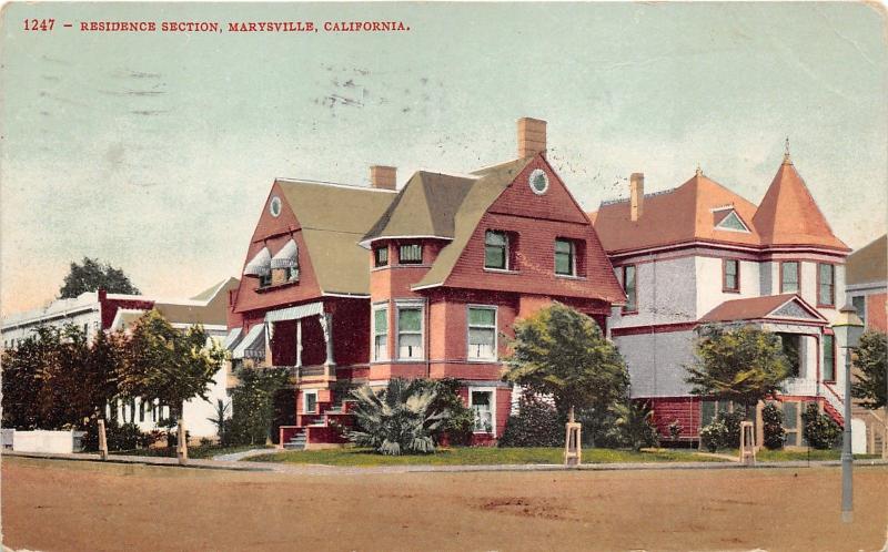 Marysville California~Residence Section~Victorian Houses~1910 Postcard