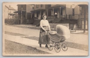 Woman With Baby Carriage Mrs Hall Keystone Ave RPPC Real Photo Postcard Y27