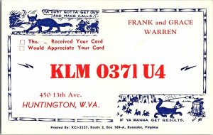 QSL Radio Card From Huntington W. VA. West Virginia KLM 0371 U4