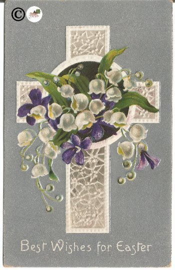 Vintage Postcard White Lace Cross with White Lily of the Valley /Purple Violet