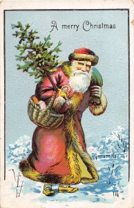 G1/ Santa Claus Christmas Postcard c1910 Purple Suit Tree Snow 18