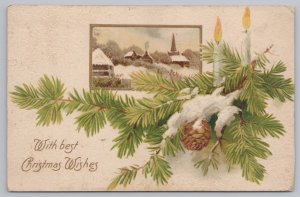 Christmas~Candles On Pine Branch & Homes In Frame Best Wishes~Vintage Postcard 