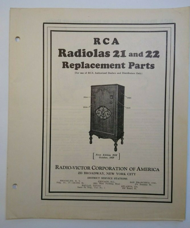 RCA Radiolas 21 and 22 Vintage Original Replacement Parts Radio Victor Ephemera