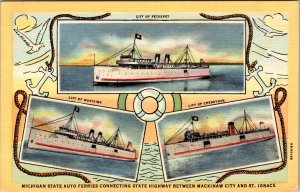 Michigan State Auto Ferries, Mackinaw City, St Ignace Vintage Postcard Q55