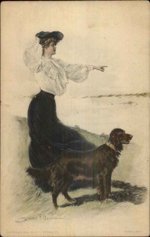 Clarence Underwood Beautiful Woman & Setter or Pointer Dog c1910 Postcard