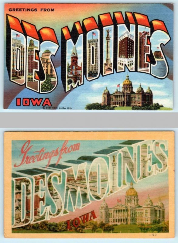 2 Large Letter Linens DES MOINES, IOWA IA ~ Curteich, Dexter c1940s Postcards