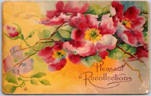 Pleasant Recollections, Embossed Red & Pink Flowers, Chromolithograph, Postcard