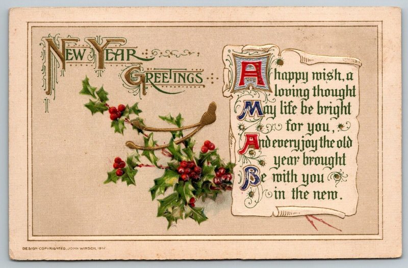 New Year~Calligraphy Poem Parchement~Holly Berry~Embossed John Winsch 1912 