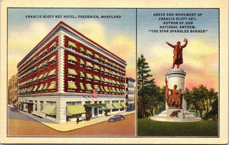 Scenes Francis Scott Key Hotel Grave Monument Frederick Maryland Postcard Unused 