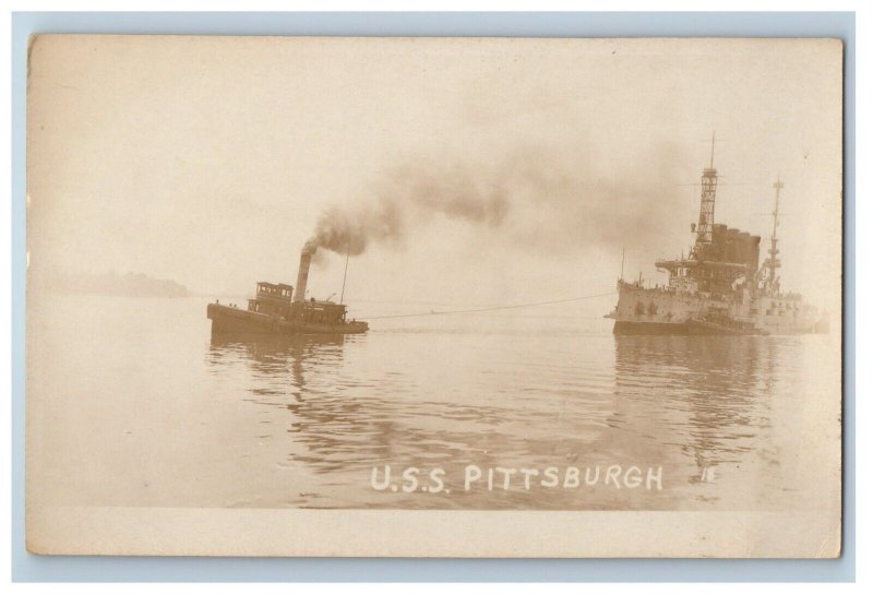 c1920's USS Pittsburgh Steamer Ship Tugboat RPPC Photo Vintage Postcard 