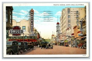 Vintage 1938 Postcard Antique Cars Signs Pacific Avenue Santa Cruz California