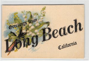 LONG BEACH, CA White Flowers Embossed Greetings Glitter c1910s Vintage Postcard