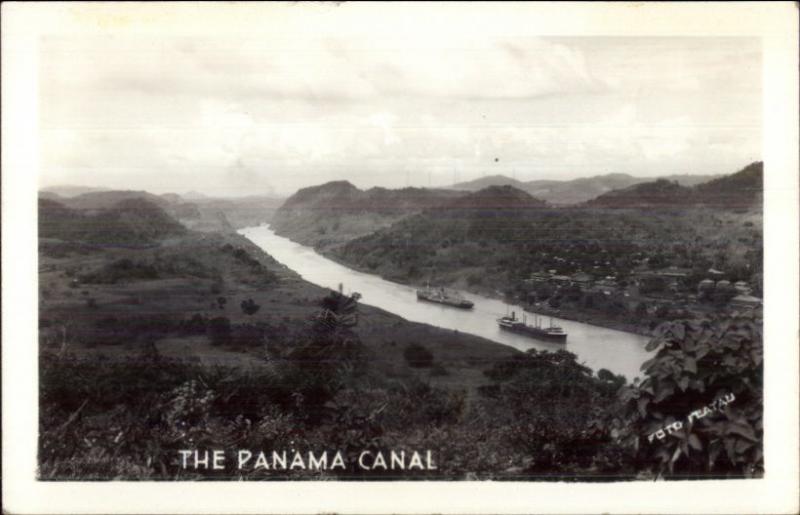 Ships in the Panama Canal Birdseye Real Photo Postcard