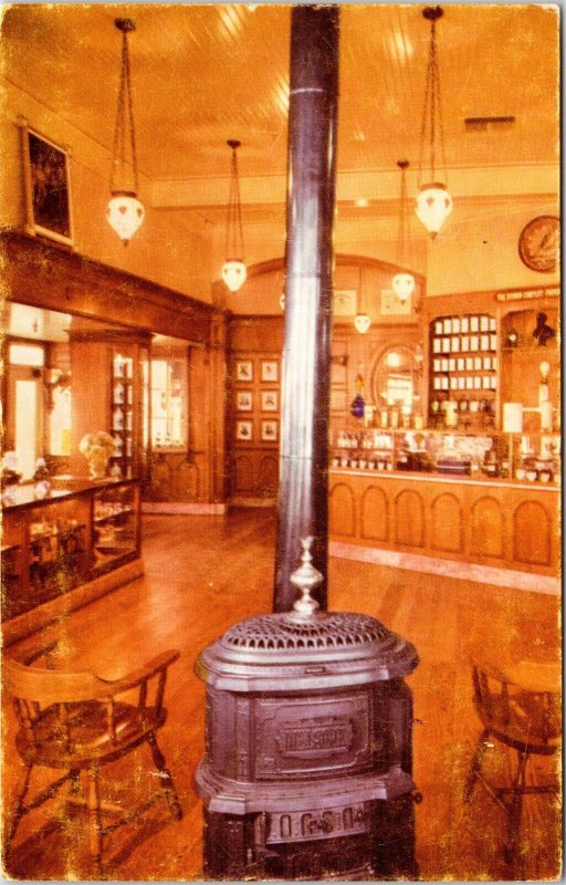 Old Fashion Drug Store Pot Bellied Stove Hanging Chandeliers Disneyland Postcard 