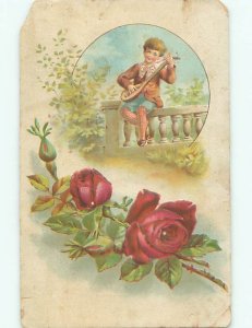 damaged back c1910 music BOY PLAYING ON ANTIQUE GUITAR AC1491