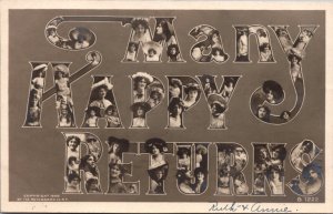Large Letter Real Photo Postcard Many Happy Returns Women's Faces and Bodies