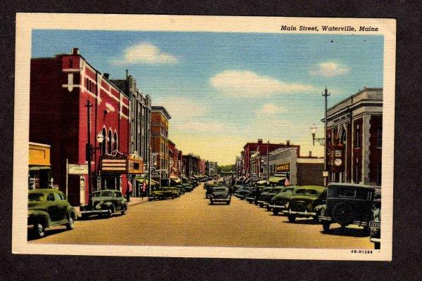 ME Haines Theatre Main St Waterville Maine Old Cars Savings Bank Postcard Linen