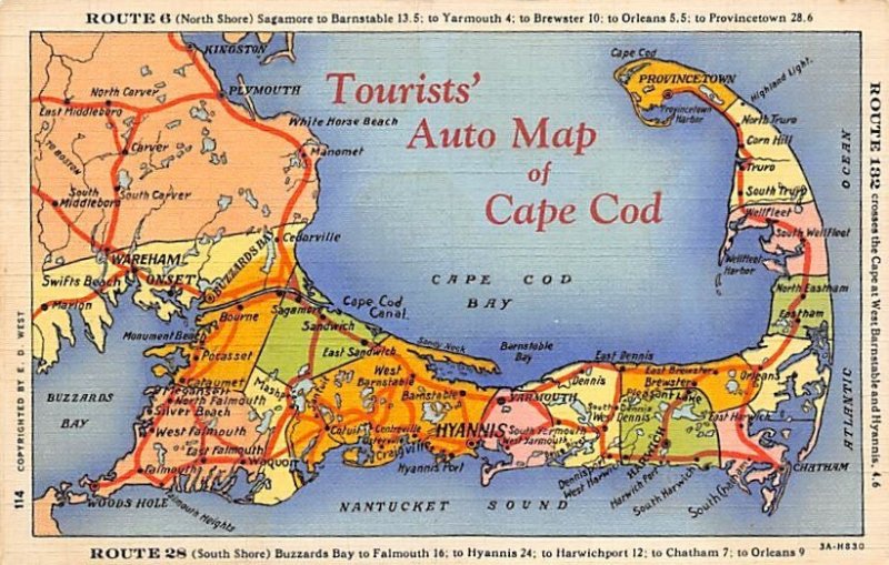 Tourists' Auto Map of Cape Cod USA Map Unused 