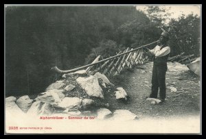 Switzerland vintage postcard Alphornblaser Alp Horn blower