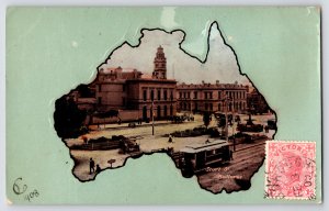 Ballarat Victoria Australia~Gel Postcard~Map Shape~Sturt St Town Hall~Trolley