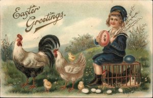 Easter Little Boy Sailor Suit Chickens & Chicks EMBOSSED c1910 Postcard