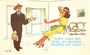 Vintage Postcard Man And Wife Honey I Have News My Business Dropped Off Today