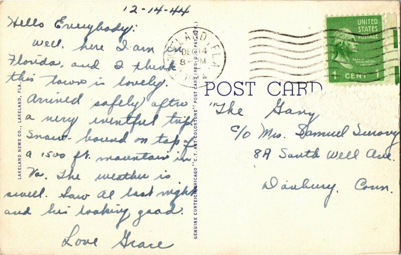 U.S. Post Office c1944 Lakeland FL Vintage Postcard Y12