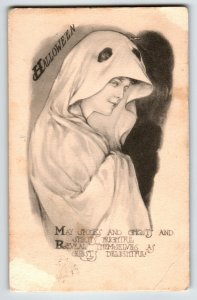 Halloween Postcard May L Farini Women In Cape Ghost Costume 1912 Spooks Spirits