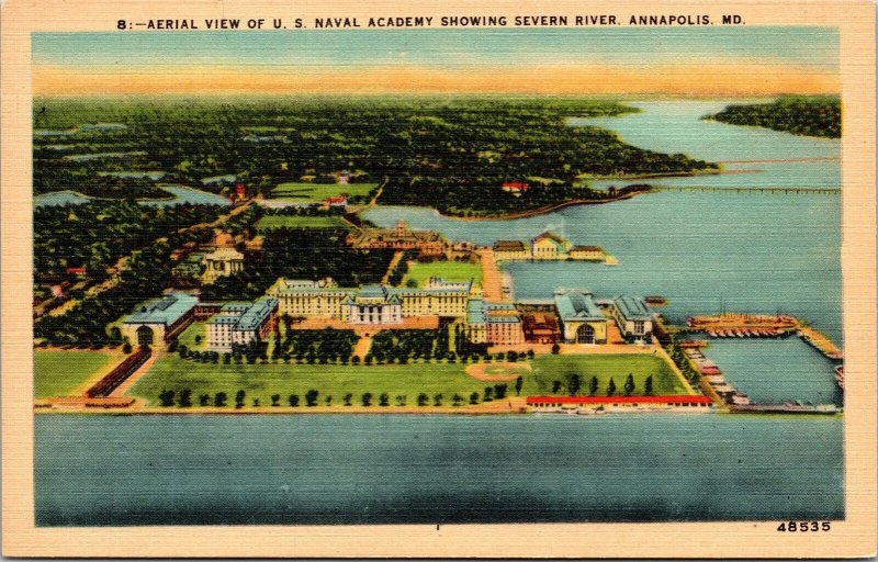 US Naval Academy Severn River Annapolis Maryland Aerial View Linen Postcard 