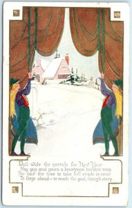 ART DECO ~ Pull wide the Portals for New Year Stage Curtains Embossed Postcard