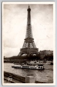 Paris France Eiffel Tower and Ferry Photo by Guy RPPC Postcard M37