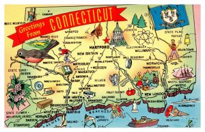 Postcard MAP Connecticut - banner state flower flag tourism