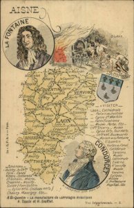 Aisne France MAP - La Fontaine & Condorcet c1905 Postcard