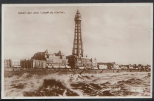 Lancashire Postcard - Rough Sea and Tower, Blackpool     RT935