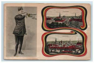 c. 1907 Aix La Chapelle Aachen Multi View Panoramic Postcard Soldier Bugel