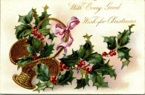 Vtg 1900s Christmas Holly In Basket Embossed Tuck Postcard