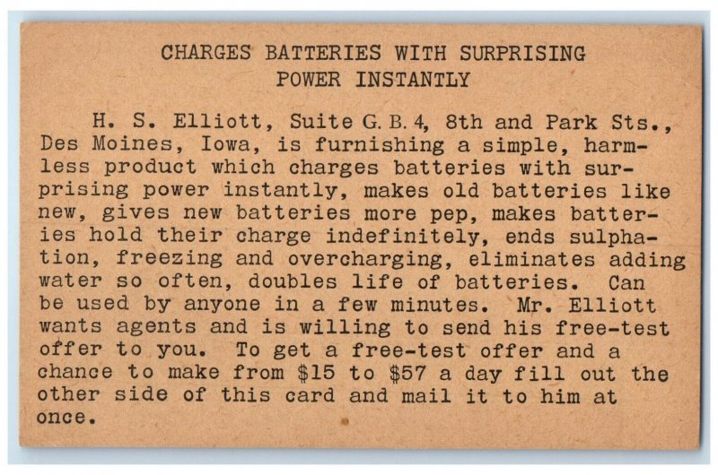 c1940's Elliot Works Inc Charges Batteries Instantly Des Mointes IA Postal Card