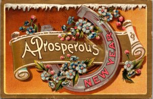 Postcard A Prosperous New Year Horseshoe Scroll and Flowers