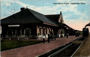 Postcard OH Ashtabula Lake Shore Depot Railroad Train 1914 M38