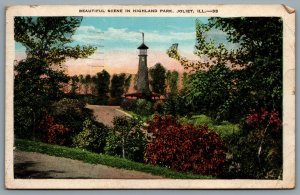 Postcard Joilet IL c1929 Beautiful Scene In Highland Park View Of Tower