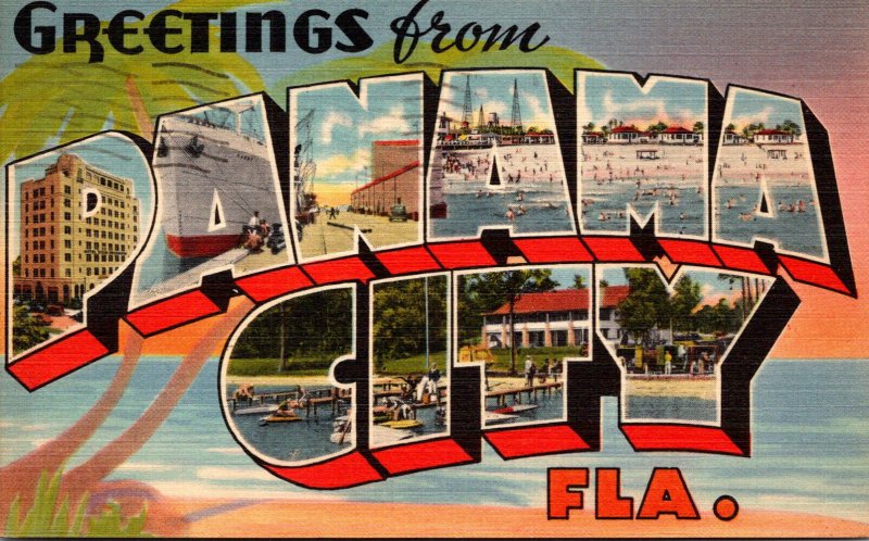 Florida Panama City Greetings Large Letter Linen 1954