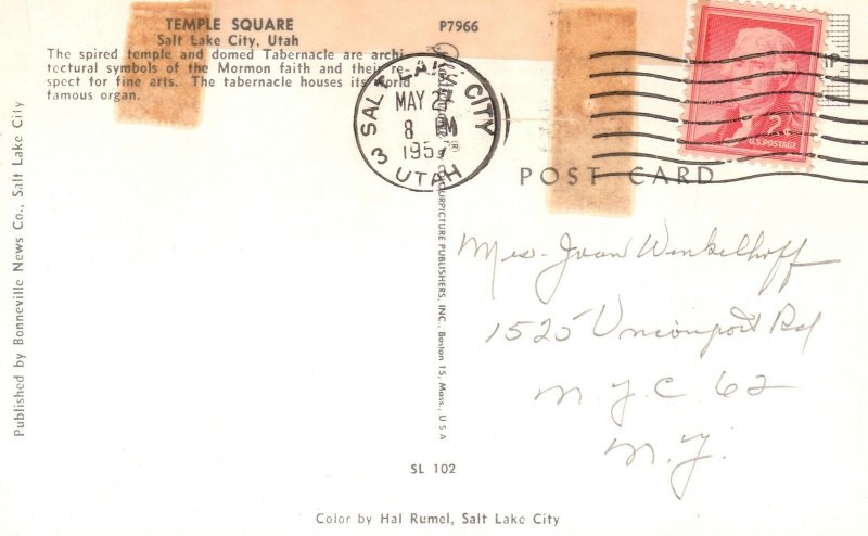 Vintage Postcard 1957 Temple Square Tabernacle Mormon Church Salt Lake City Utah