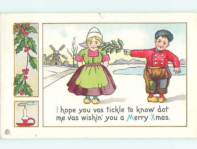 Pre-Linen christmas BOY TICKLES GIRL ON THE FACE WITH HOLLY BRANCH hk9641