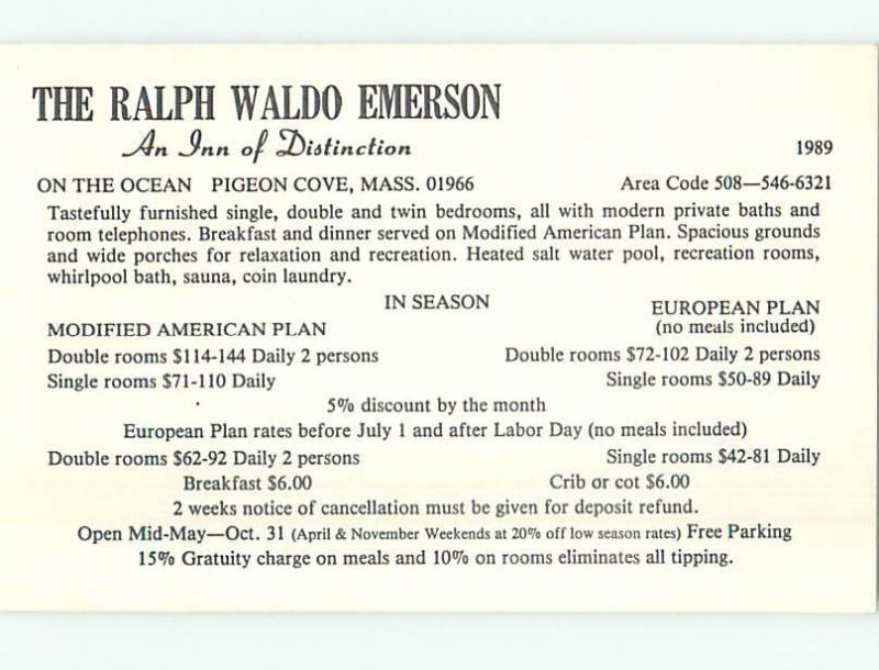 1989 artist signed RALPH WALDO EMERSON INN Rockport Massachusetts MA hs8844