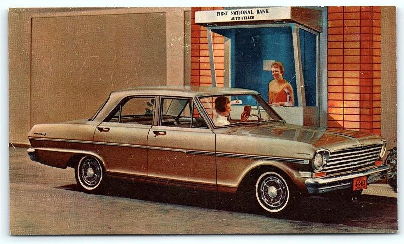 Postcard 1963 Chevrolet Chevy II 300 4 Door Sedan Park Slope Dealership NY B36