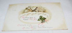 Wishing You a Happy New Year Winter Scene Shamrocks Postcard
