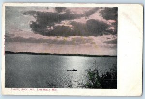 1907 Sunset Rock Lake Boating Clouds Covers Sun Lake Mills Wisconsin WI Postcard